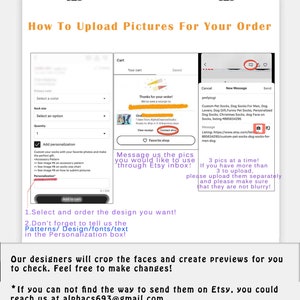 May include: A white and blue graphic with instructions on how to upload pictures for a custom order. The graphic includes a cart icon, a message icon, and text that says "How To Upload Pictures For Your Order". The text also says "Message us the pics you would like to use through Etsy inbox!" and "3 pics at a time! If you have more than 3 to upload, please upload them separately and please make sure that they are not blurry!"