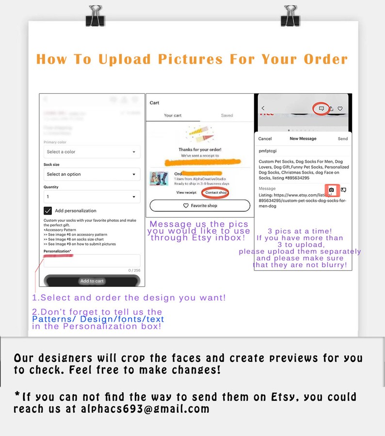 May include: A white and blue graphic with instructions on how to upload pictures for a custom order. The graphic includes a cart icon, a message icon, and text that says "How To Upload Pictures For Your Order". The text also says "Message us the pics you would like to use through Etsy inbox!" and "3 pics at a time! If you have more than 3 to upload, please upload them separately and please make sure that they are not blurry!"