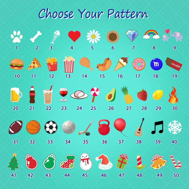 May include: A chart with 50 colorful icons, numbered 1 to 50. The icons represent various themes, including animals, food, sports, and holidays. The text "Choose Your Pattern" is at the top of the chart.