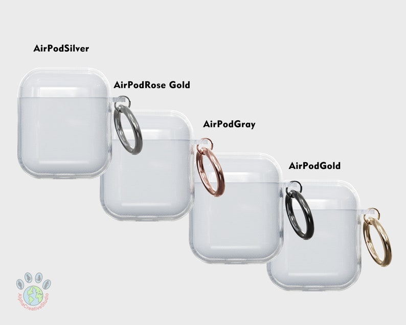 Puede incluir: Cuatro estuches de pl&aacute;stico transparente para AirPods con un anillo de metal unido a cada estuche. Los estuches est&aacute;n etiquetados como "AirPodSilver", "AirPodRose Gold", "AirPodGray" y "AirPodGold".