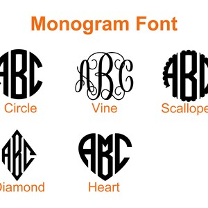 May include: Five different monogram font styles are shown: Circle, Vine, Scalloped, Diamond, and Heart. Each style features the letters "ABC" in a black font.
