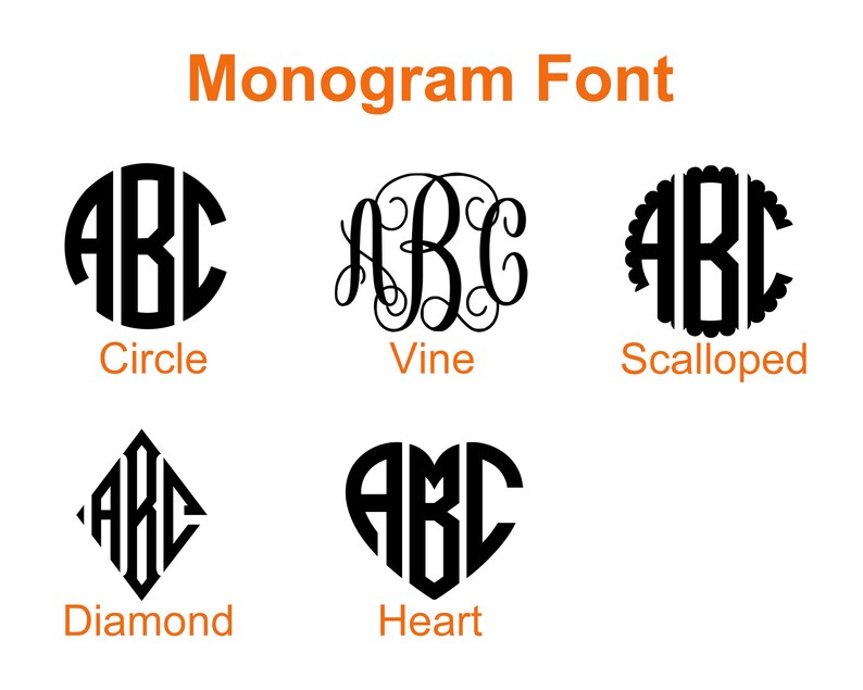 May include: Five different monogram font styles are shown: Circle, Vine, Scalloped, Diamond, and Heart. Each style features the letters "ABC" in a black font.