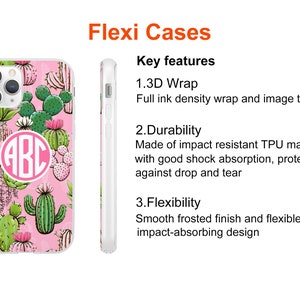 May include: A pink phone case with a cactus and floral pattern. The case has a clear, protective layer and a monogrammed circle with the letters "ABC". The case is designed to be durable and flexible.