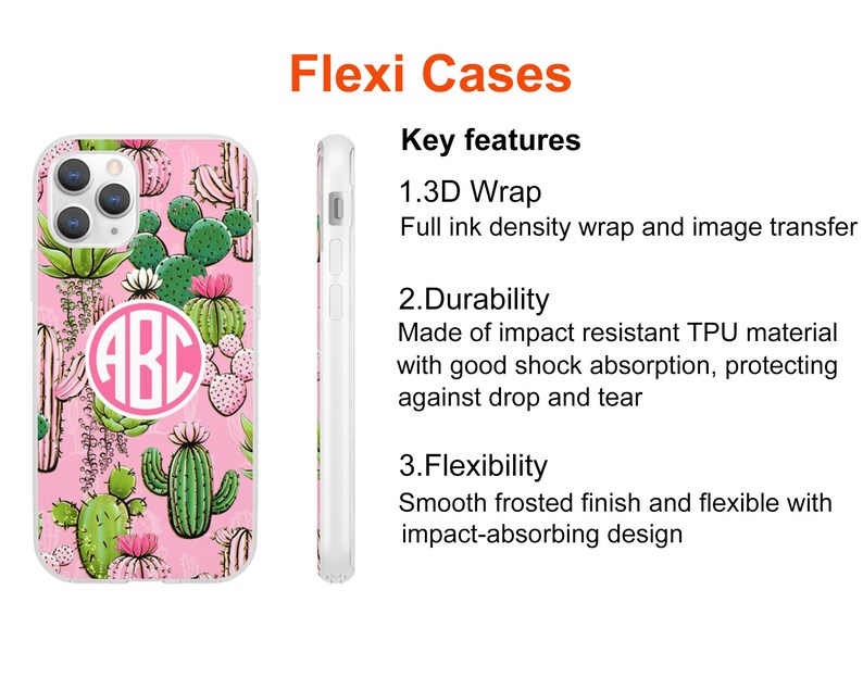 May include: A pink phone case with a cactus and floral pattern. The case has a clear, protective layer and a monogrammed circle with the letters "ABC". The case is designed to be durable and flexible.