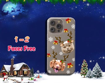 Customized Phone Case with dog, Personalized pet Phone Case with Antlers, Custom iPhone 15 Clear Case,GalaxyS23 Plus, Christmas gift