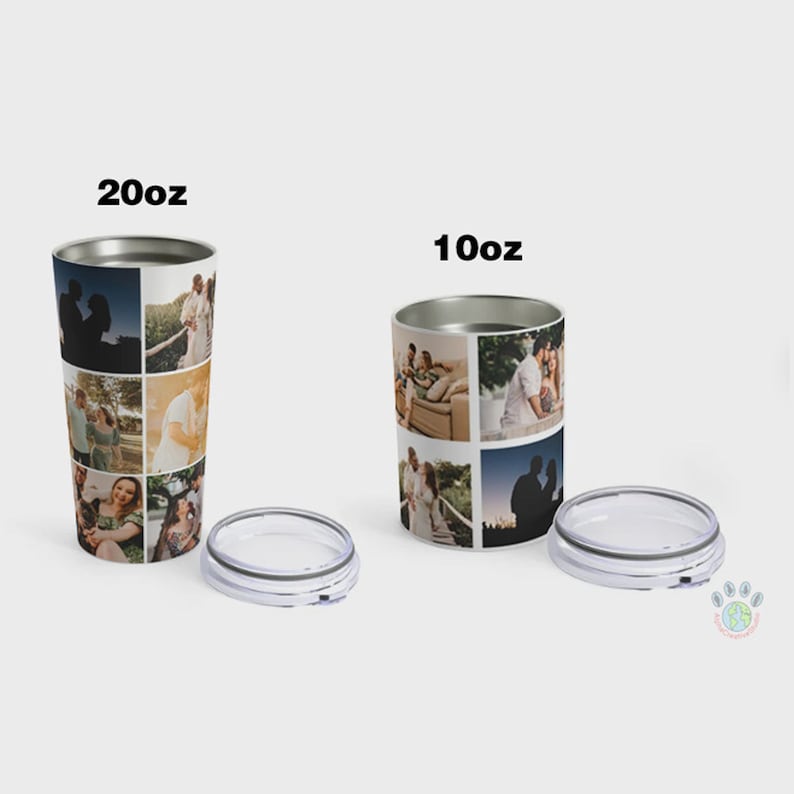 May include: Two stainless steel travel mugs with lids. The mugs are both white with a collage of photos printed on them. The mug on the left is 20 oz and the mug on the right is 10 oz.