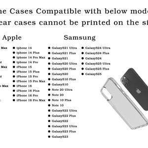 May include: A list of compatible phone models for clear phone cases. The list is divided into two sections: Apple and Samsung. The image also shows a clear phone case and a black phone case.