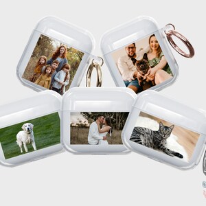 Puede incluir: Cinco estuches de pl&aacute;stico transparente con llaveros, cada uno con una foto diferente impresa en el interior. Las fotos incluyen un retrato familiar, una pareja, un perro, un gato y una pareja con un perro.