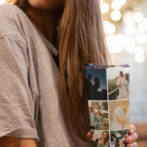 May include: A stainless steel tumbler with a collage of photos of a couple. The photos show the couple in different settings, including a silhouette of them standing together, a photo of them walking on a beach, and a photo of them holding each other.