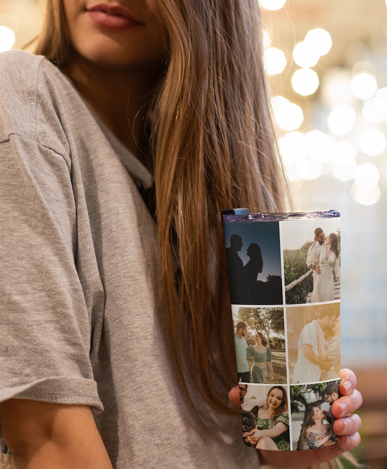 May include: A stainless steel tumbler with a collage of photos of a couple. The photos show the couple in different settings, including a silhouette of them standing together, a photo of them walking on a beach, and a photo of them holding each other.