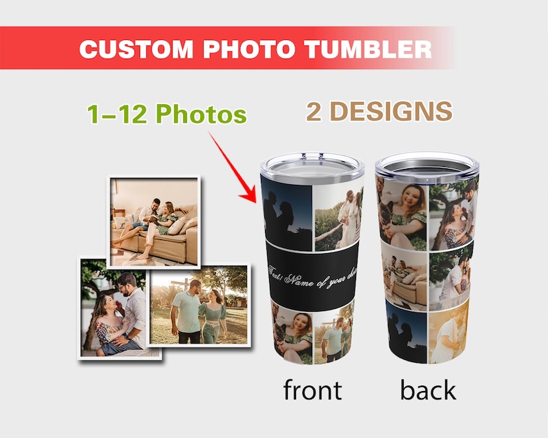 May include: A stainless steel tumbler with a customizable design. The front of the tumbler features a collage of photos with the text "First Name of your choice". The back of the tumbler features a collage of photos. The tumbler is available with 1-12 photos.