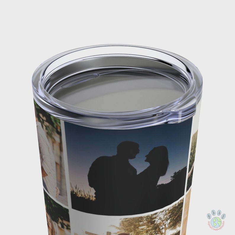 May include: A stainless steel travel mug with a clear lid. The mug is wrapped with a collage of photos featuring a couple in various poses. The photos are printed on a white background.
