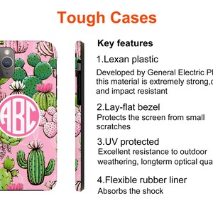 May include: A pink phone case with a cactus and floral pattern. The case has a monogram with the letters ABC in white. The text "Tough Cases" and "Key features" are visible at the top of the image. The text describes the case's features, including Lexan plastic, lay-flat bezel, UV protection, and a flexible rubber liner.