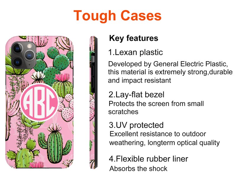 May include: A pink phone case with a cactus and floral pattern. The case has a monogram with the letters ABC in white. The text "Tough Cases" and "Key features" are visible at the top of the image. The text describes the case's features, including Lexan plastic, lay-flat bezel, UV protection, and a flexible rubber liner.