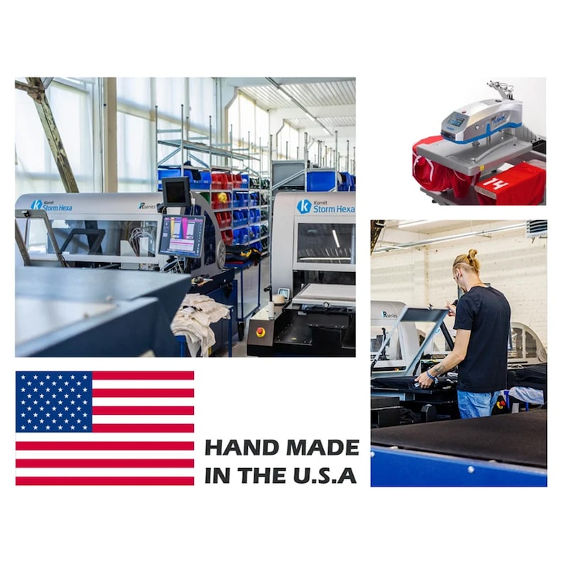 May include: A factory setting with several industrial machines used for manufacturing apparel. The machines are labeled "Karoll Storm Hexa". The text "HAND MADE IN THE U.S.A." is displayed below the image.