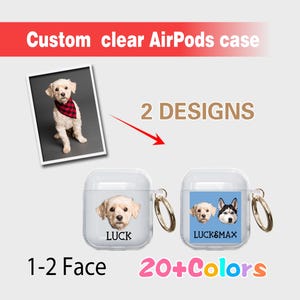 May include: Clear AirPods case with custom dog portrait designs. The image shows two clear cases with gold-colored rings. One case has a single dog portrait with the name "LUCK", and the other has two dog portraits with the text "LUCK&MAX". The text "1-2 Face" and "20+ Colors" is also visible.