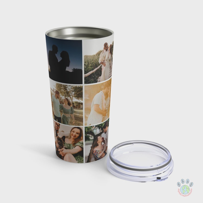 May include: A stainless steel tumbler with a collage of photos of a couple. The tumbler has a clear lid and is perfect for keeping drinks hot or cold.