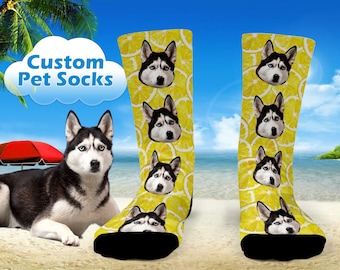Aangepaste huisdierensokken met citroen, cadeau hondenliefhebber, grappige huisdierensokken, gepersonaliseerde hondensokken, zomercadeau, kattengezicht op sokken, afstudeercadeau