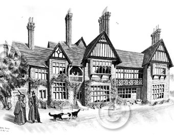 Victorian Revival Style Manor A4 Print, English, Historic, House, Portrait, Gift, heritage, England, Country house, Home, architecture,