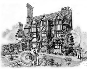 Tudor Hall House A4 Print, English, Historic, House, Portrait, Gift, heritage, England, Country house, Home, architecture, Interior design