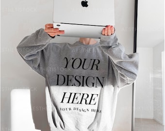 Sport Grey Gildan 18000 Mockup, Gray Sweatshirt Mockup, Sunlight Aesthetic Mockup for Social Media, Minimalistic Gildan Mockup