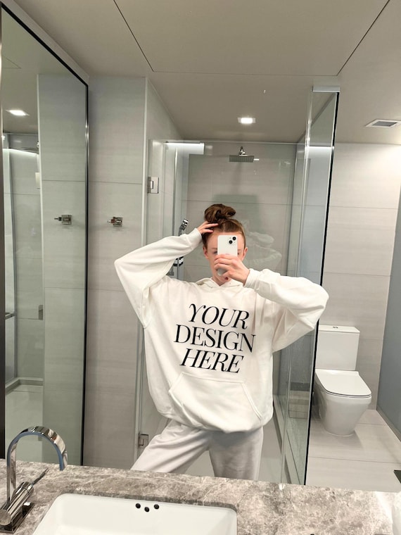 White Gildan 18500 Mockup, White Hoodie Mockup, Model Mockup, Mirror Selfie Mockup