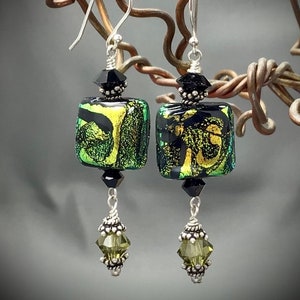 Handmade dichroic lampwork glass earrings, Swarovski crystals, sterling silver, green black silver, her unique artisan gift