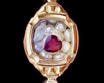 Vintage ruby heart and pearl shaker locket bracelet, upcycled gold tone watch, adjustable black band, unique OOAK romantic gift for her
