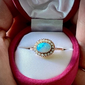 STUNNING genuine antique +100 years blue crystal OPAL 7.5 ring, 15K gold, 17 pearls, stickpin conversion, October birthstone, gift for her