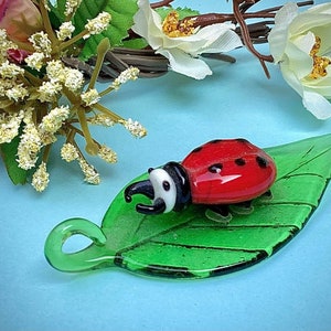 Ladybug pendant, handmade lampwork art glass, garden decor, bug on leaf, OOAK artisan rustic boho organic