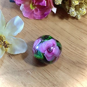 Handmade Lampwork Glass Focal Bead, Pink Rose, Dichroic Green