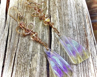 Handmade lavender dichroic glass dangles, summer earrings, wedding jewelry, wire wrapped, gold fill ear hooks, her elegant OOAK artisan gift