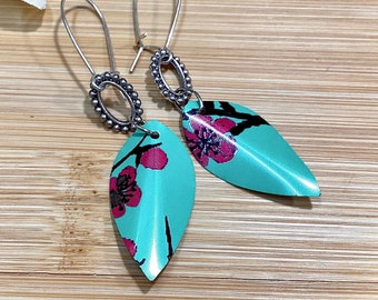 Handmade turquoise dangle earrings, up-cycled Arizona Iced Tea tin, flowers, spring jewelry, lightweight, OOAK artisan gift for her Mom