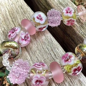 Destash ONE handmade lampwork glass bead, SRA Lampwork, pink encased flower beads, pink gold donut spacers, OOAK artisan diy jewelry supply