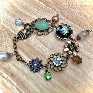 Vintage rhinestone bracelet, up-cycled wire-wrapped charms, pearls, crystals, mixed metal, lobster clasp, romantic unique OOAK gift for her