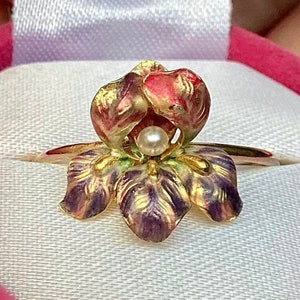 Antique 14ct gold enamel IRIS ring, pearl, Art Nouveau stickpin conversion, rose, purple green iridescent size 7.5, her romantic OOAK gift