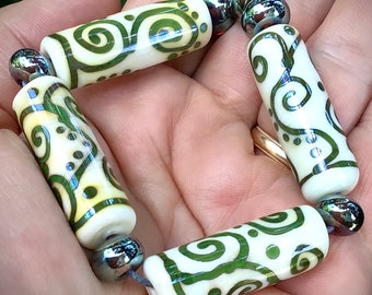 Handmade Lampwork Glass Barrel Bead, Bronze Scrolls, SRA Artisan Bead