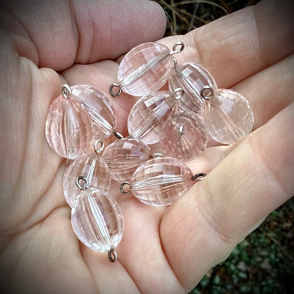 Vintage faceted clear crystal glass beads, large oval wire wrapped links, DIY jewelry design supplies,