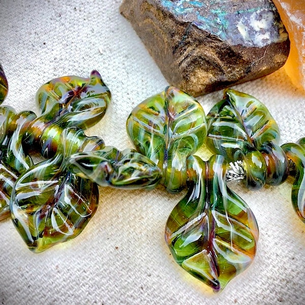 Destash ONE handmade lampwork glass leaf bead, mottled green, artisan SRA Lampwork, DIY jewelry design supplies