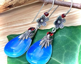 Vintage Opalite Teardrop Earrings, Garnet Sterling Silver Flowers, Upcycled OOAK, gift for her