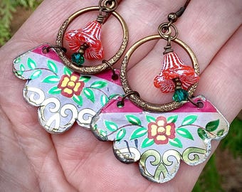 Boho Tin Floral Earrings, Red Rose Flower Charms
