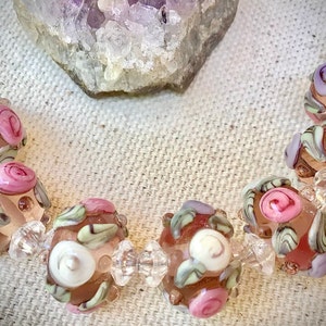 Destash ONE Handmade lampwork glass floral bead, gold, pink, flowers, leaves artisan SRA Lampwork, DIY jewelry design supplies