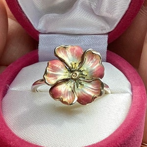 Antique sterling silver enamel flower statement ring, stickpin conversion, size 7.5, pink poppy, unique OOAK gift for her