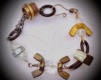 Steampunk hardware chain bracelet, mixed metals, genuine hardware, found objects, original published design, her one of a kind handmade gift