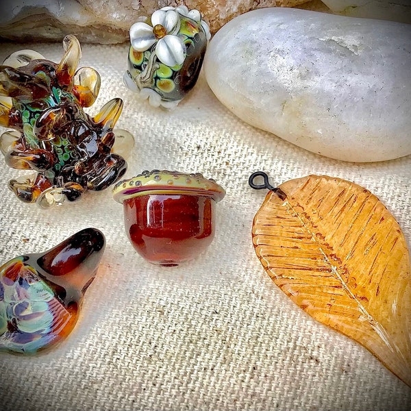 Destash ONE handmade lampwork glass bead, autumn fall leaves, acorn, pine cone, artisan SRA Lampwork, DIY jewelry design supplies