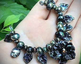 Floral Lampwork Glass Bead Set, Iris Blue Black, DIY Jewelry Supplies
