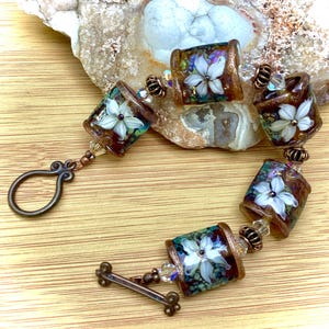 Handmade Boho bracelet, OOAK SRA Lampwork, flowers, Swarovski crystal, rustic antiqued copper, Mother’s Day gift for her
