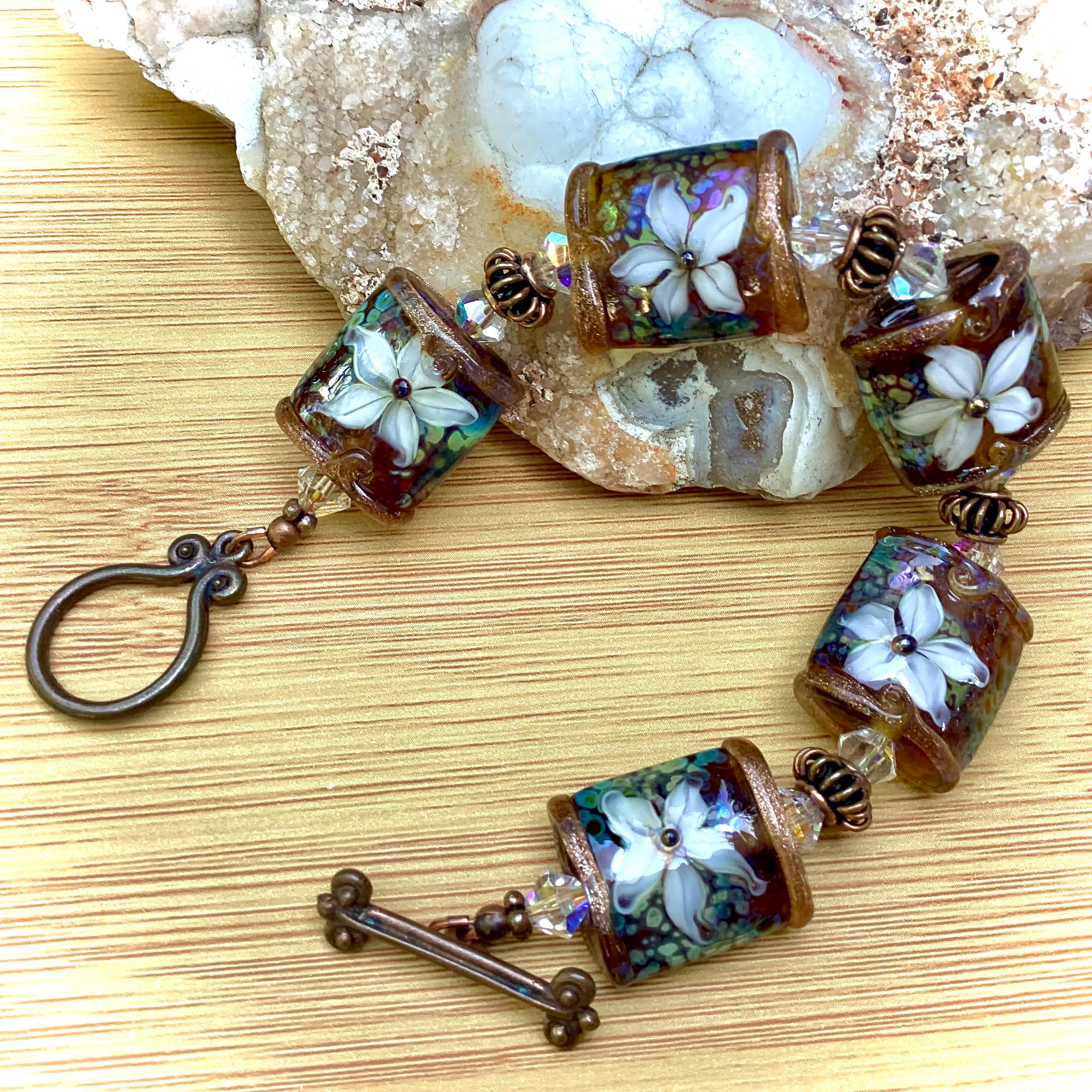 Handmade Boho bracelet, OOAK SRA Lampwork, flowers, Swarovski crystal, rustic antiqued copper, Mother’s Day gift for her