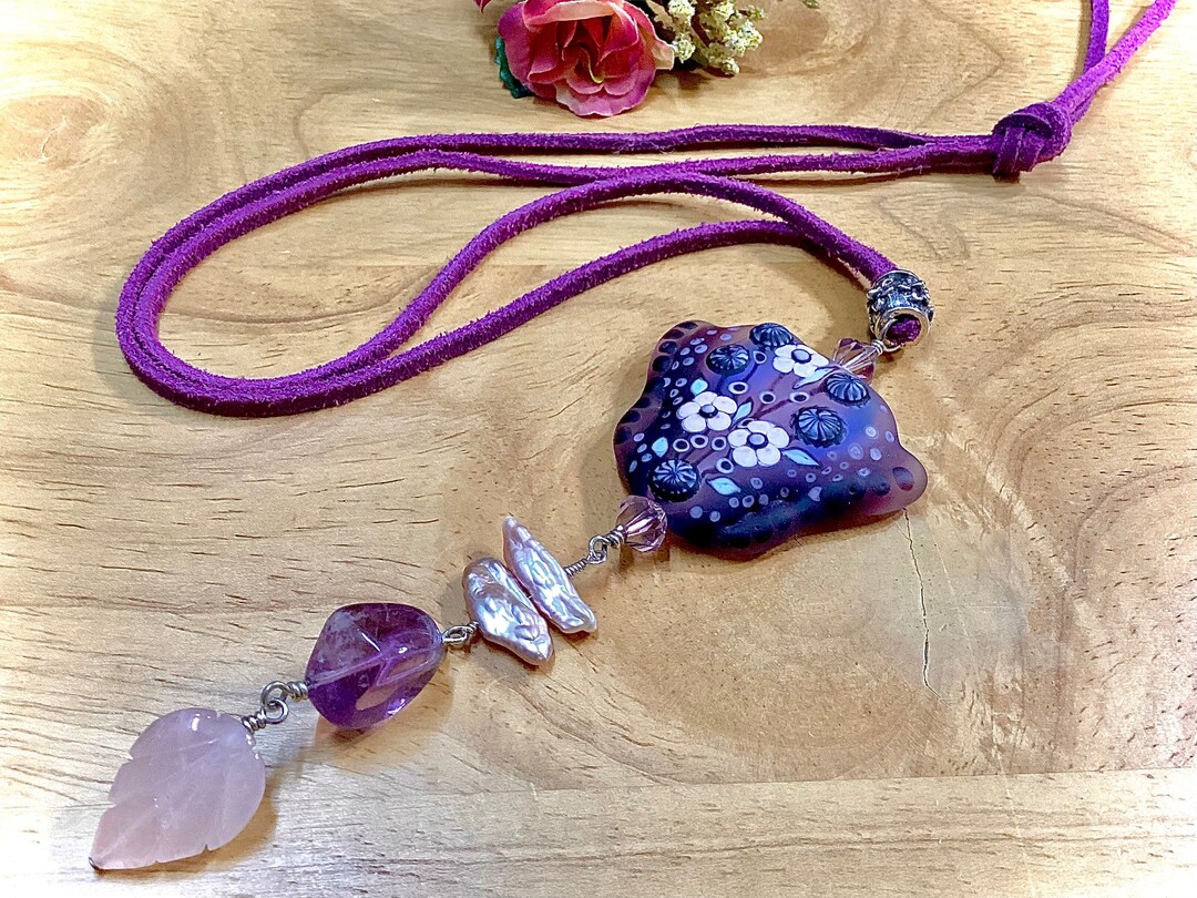 Long Handmade Glass Gemstone Boho Necklace, Lampwork, Amethyst Rose