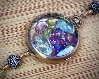 Antique Gold Watch Pendant Necklace, Amethyst Opal Shaker Locket